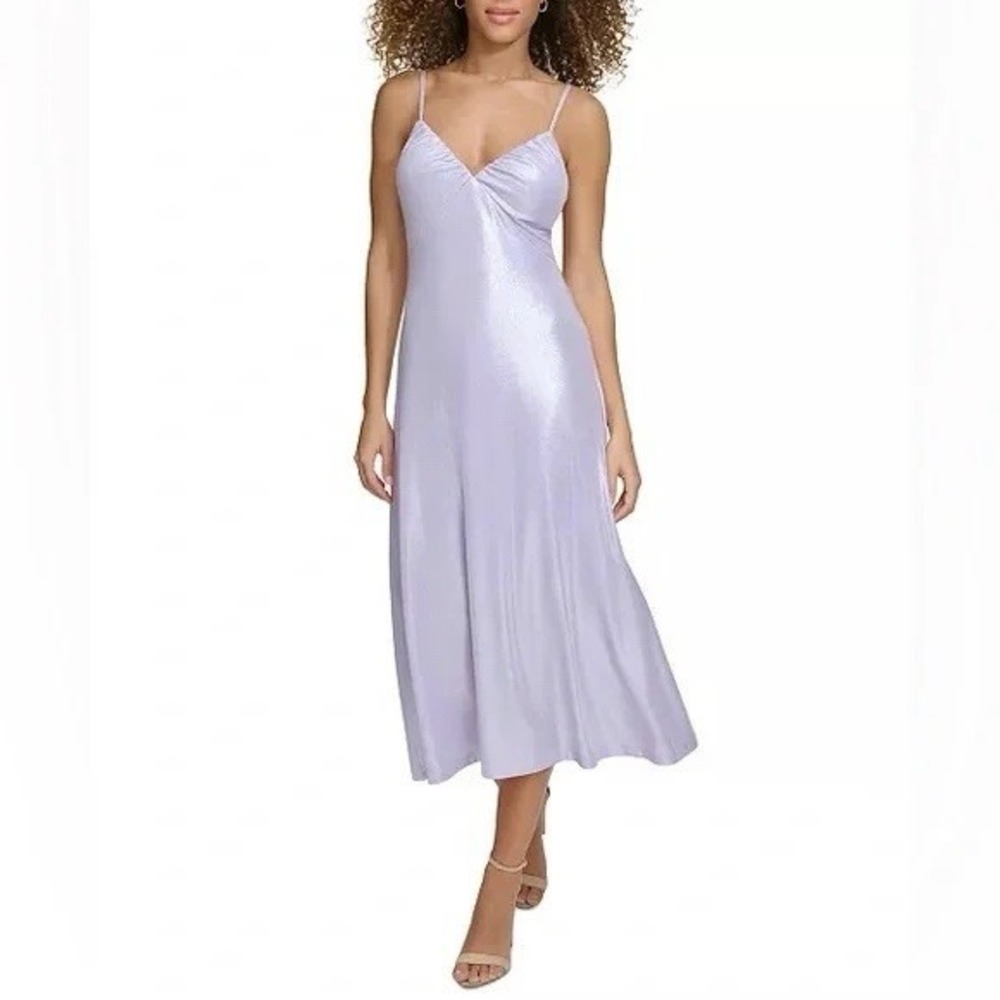 Siena Lilac Liquid Knit Midi Slip Dress Sz 6 Metallic Shimmer Lavender V-Neck